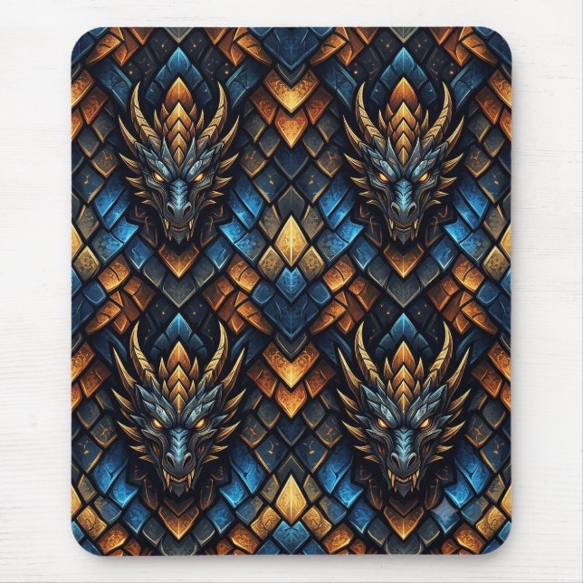 Blue and Gold Dragon Heads Geometric Scale Pattern Mouse Pad (Front)