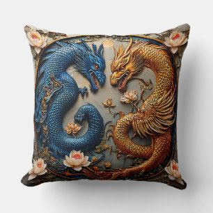 Blue and Gold Dragons in Yin Yang Design Throw Pillow