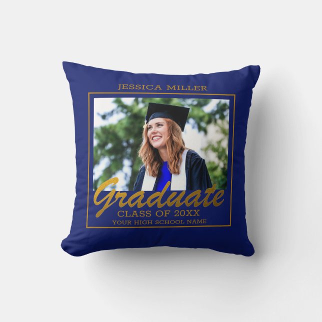 Blue And Gold Dream Big Graduation Photo Throw Pillow (Front)