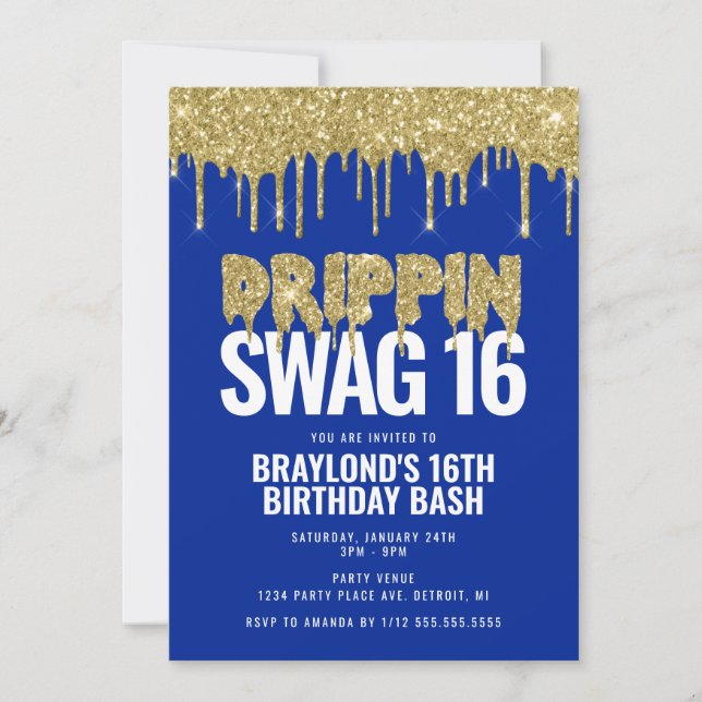 Blue and Gold Drippin Swag 16 Birthday  Invitation (Front)