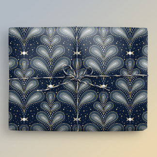 Blue and Gold Elegant Art Deco Celestial Paisley Wrapping Paper