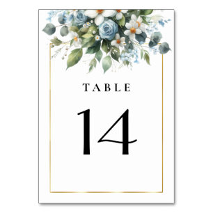Blue and Gold Elegant Floral Rustic Watercolor Table Number