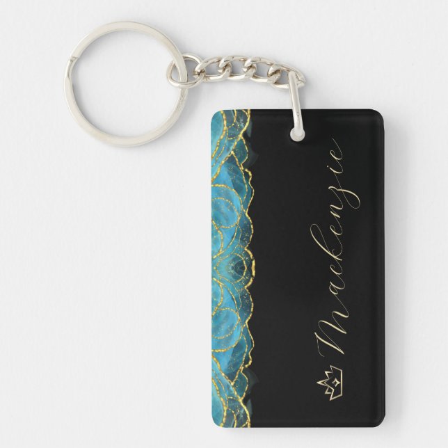 Blue and Gold Elegant Script Personalized Keychain (Front)