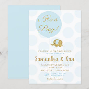 Blue and Gold Elephant Baby Shower Invitation Boy
