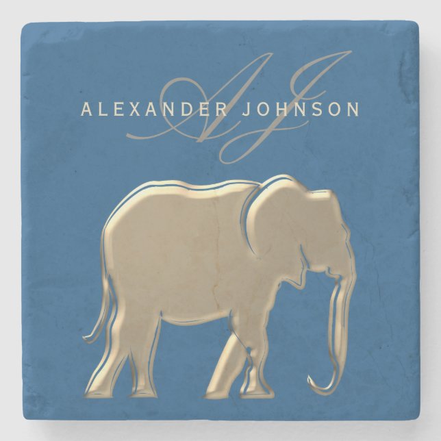 Blue and Gold Elephant Monogrammed Stone Coaster (Front)