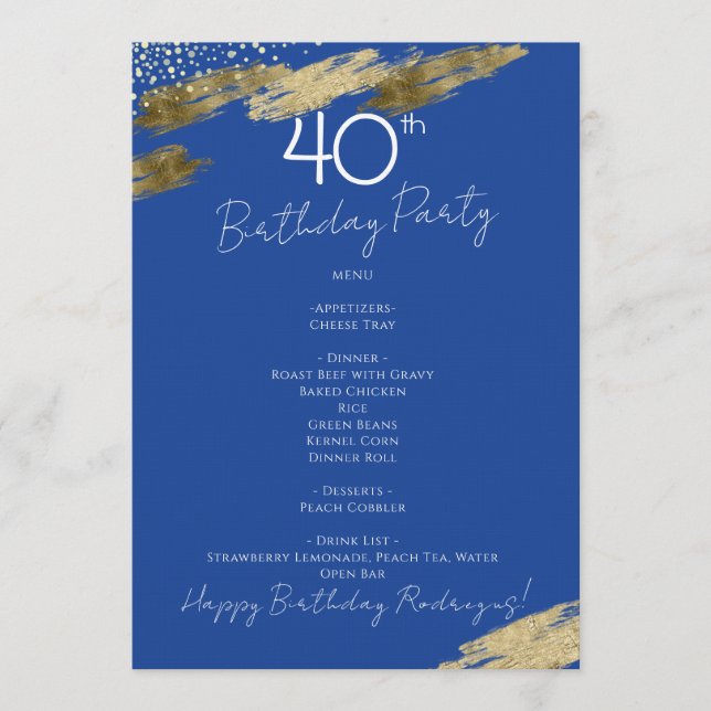 Blue and Gold Event Menu  Invitation (Front)
