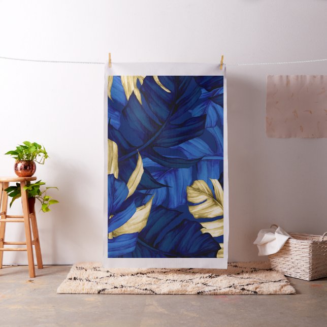 Blue and Gold Exotic Tropical Forest Pattern Fabric (In Situ)