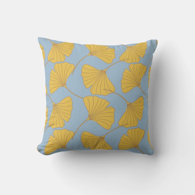 Blue and Gold Fall Ginkgo Ginko Biloba Leaves Throw Pillow (Front)
