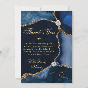 Blue and Gold Faux Glitter Agate Birthday Thank You Card