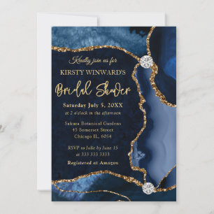 Blue and Gold Faux Glitter Agate Bridal Shower Invitation