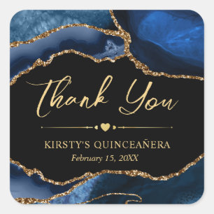 Blue and Gold Faux Glitter Agate Quinceanera Square Sticker
