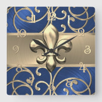 Blue and Gold Filigree Swirls Fleur de Lis