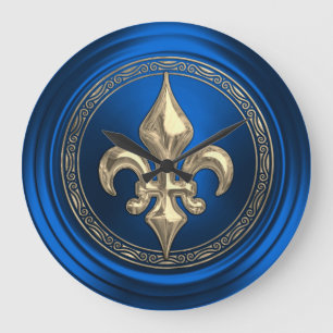 Blue and Gold Fleur de Lis Envelope Seal Large Clock