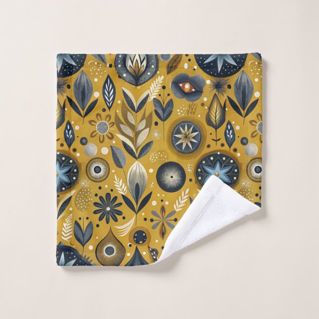 Blue and Gold Floral Bath Towel Set (Wash Cloth)