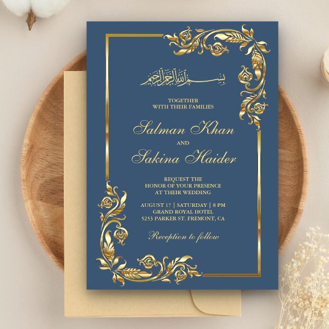 Blue and Gold Floral Border Islamic Wedding Invitation (Creator Uploaded)