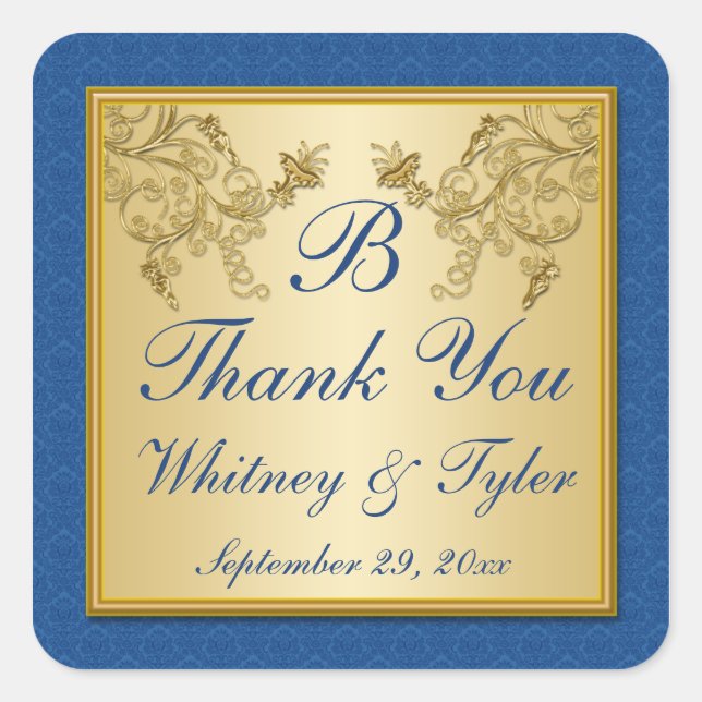 Blue and Gold Floral Damask Monogram Sticker (Front)