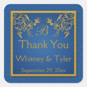 Blue and Gold Floral Damask Monogram Sticker