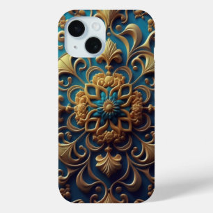 Blue and gold floral pattern  iPhone 15 case