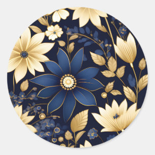 Blue and Gold Floral Pattern Classic Round Sticker
