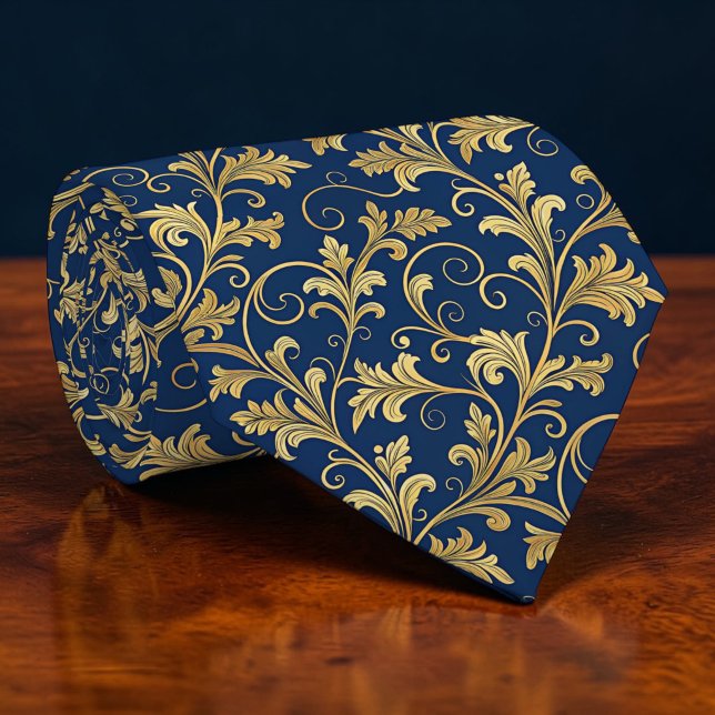 Blue and Gold Floral Pattern Custom Necktie (Creator Uploaded)