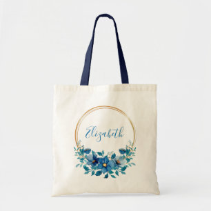 Blue and gold floral personalized tote bag
