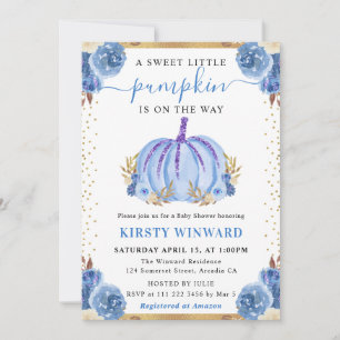 Blue and Gold Floral Pumpkin Fall Baby Shower Invitation