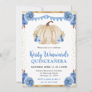 Blue and Gold Floral Pumpkin Fall Quinceanera Invitation