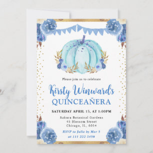Blue and Gold Floral Pumpkin Fall Quinceanera Invitation