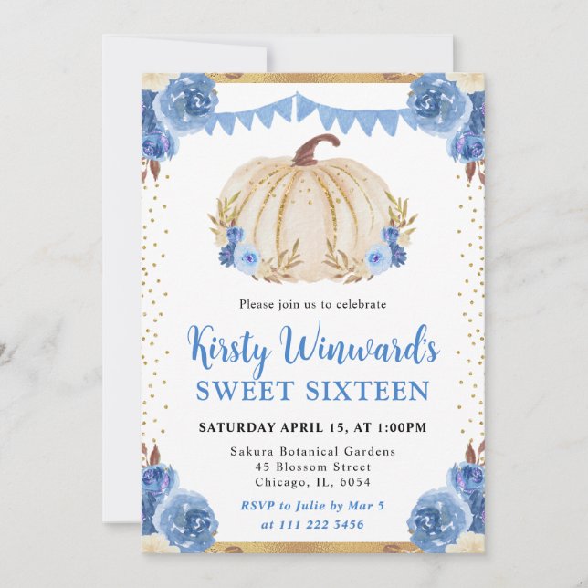 Blue and Gold Floral Pumpkin Fall Sweet 16 Invitation (Front)
