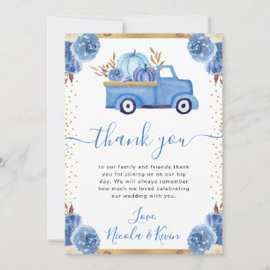 Blue and Gold Floral Pumpkin Truck Fall Wedding Thank You Card