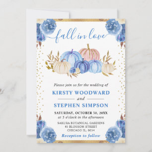 Blue and Gold Floral Pumpkins Fall Wedding Invitation