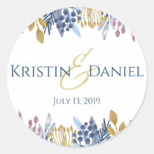 Blue and Gold Floral Round Sticker