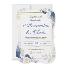Blue and Gold Floral Wedding Invitation