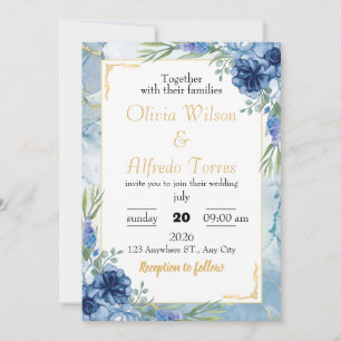 Blue and Gold Floral Wedding Invitation