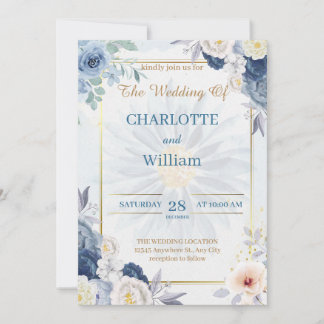 Blue And Gold Floral Wedding Invitation 2024