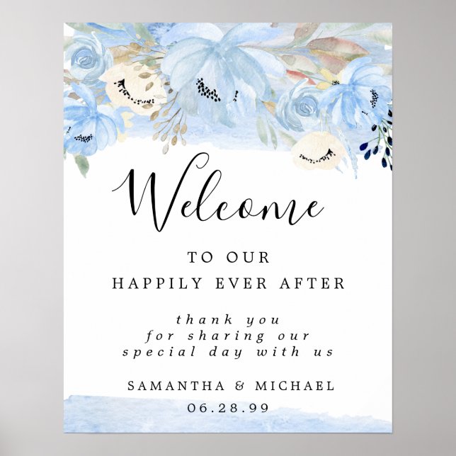 Blue and Gold Floral Wedding Welcome Sign (Front)
