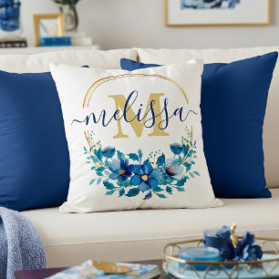 Blue and gold floral wreath personalized throw pillow