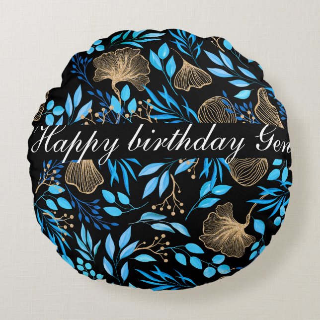 Blue and Gold Flower pattern Add Your Name Round Pillow (Front)