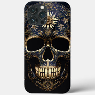 Blue and Gold Flower Skull iPhone 13 Pro Max Case