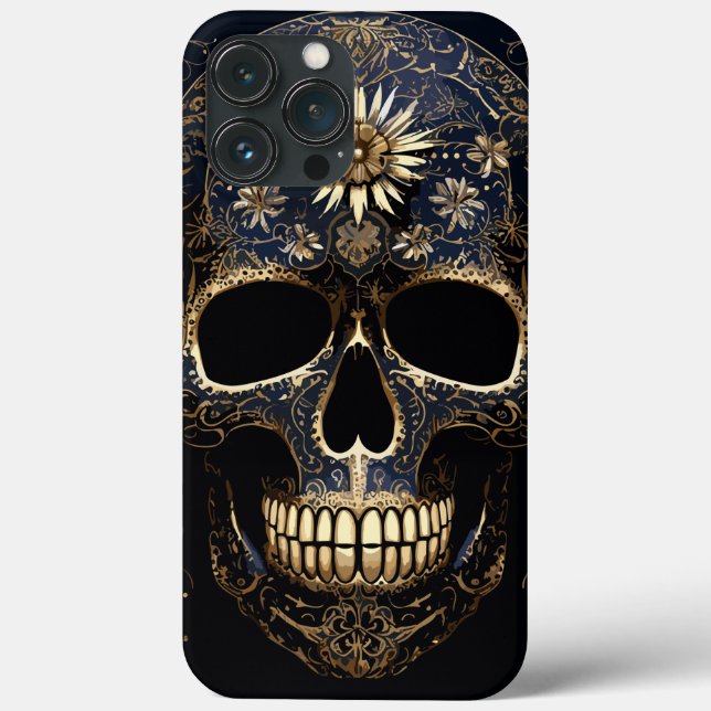 Blue and Gold Flower Skull Case-Mate iPhone Case (Back)
