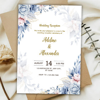 Blue and gold flower wedding Reception  Invitation