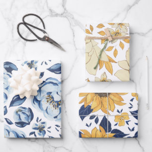 Blue and Gold Flower Wrapping Paper Set