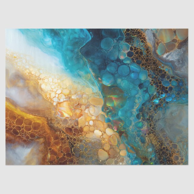Blue and Gold Fluid Art Abstract Decoupage Tissue Paper (Front)