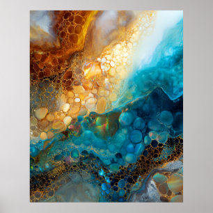 Blue and Gold Fluid Art Abstract Poster