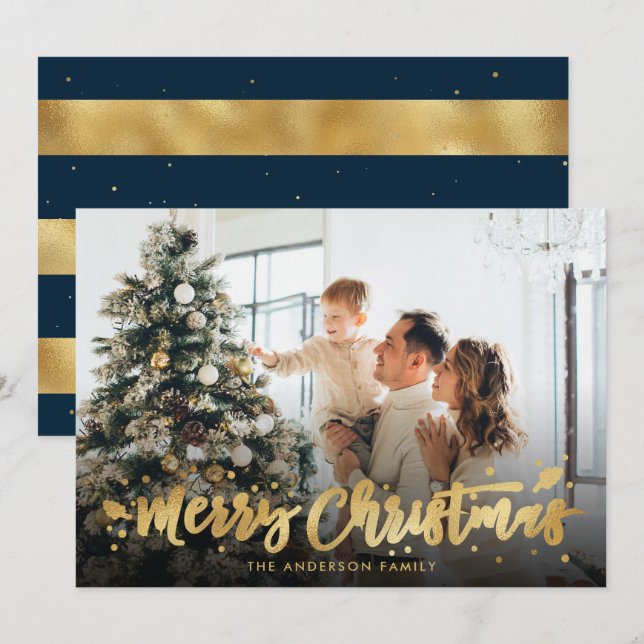Blue and Gold Foil Merry Christmas Photo Cards (Front/Back)