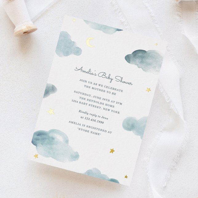 Blue and Gold Foil Sweet Dreams Baby Shower Invite (Creator Uploaded)