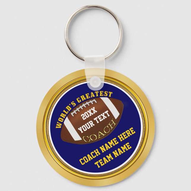 Blue and Gold Football Coach Gifts with YOUR TEXT Keychain (Front)