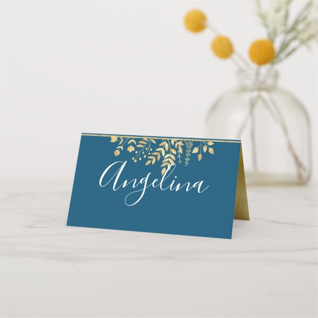 Blue and Gold Frame Modern  Place Card (Front)