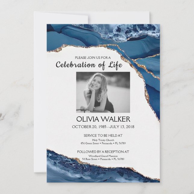 Blue and Gold Funeral Celebrating the life Invitation (Front)