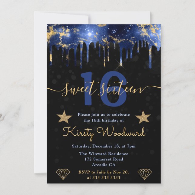 Blue and Gold Galaxy Marble Sweet Sixteen Invitation (Front)